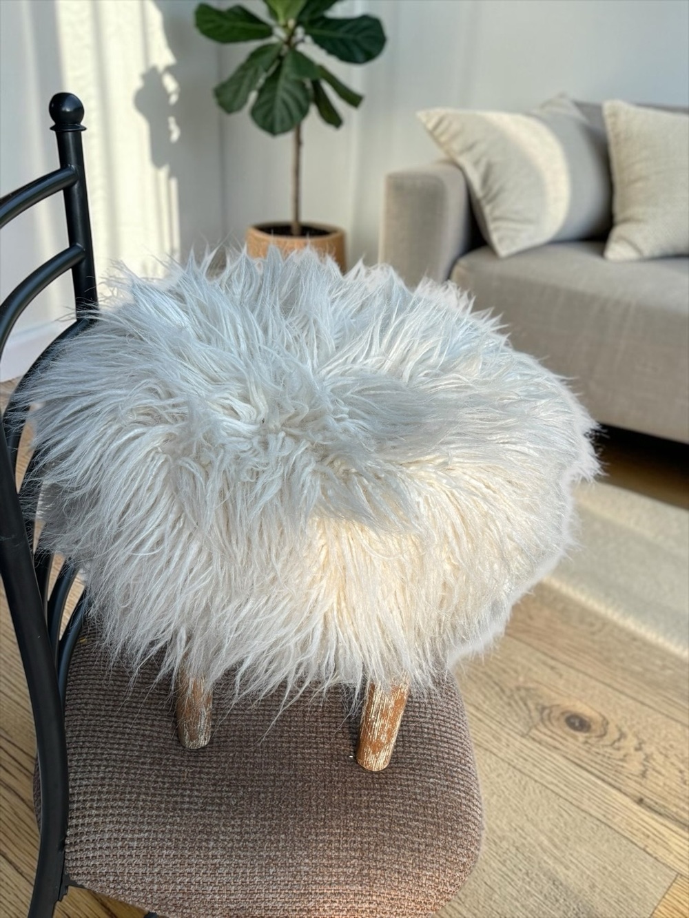 World Market White Faux Fur Stool